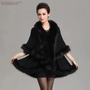 12 Colors Women Faux Fox Fur Collar Oversize Coat Winter Warm Long Knitted 2 Layers Poncho Cape Cashmere Loose Shawl Streetwear