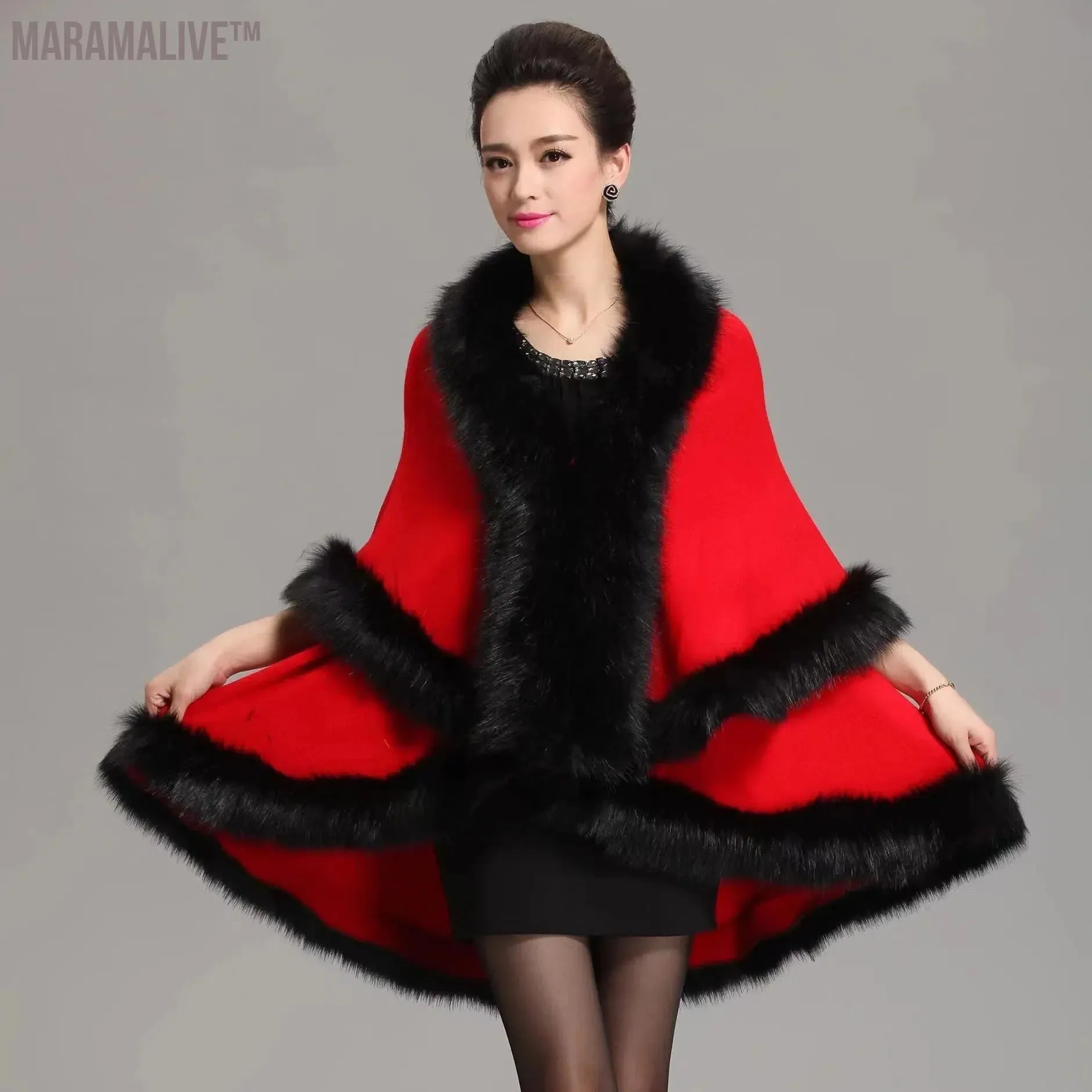 12 Colors Women Faux Fox Fur Collar Oversize Coat Winter Warm Long Knitted 2 Layers Poncho Cape Cashmere Loose Shawl Streetwear