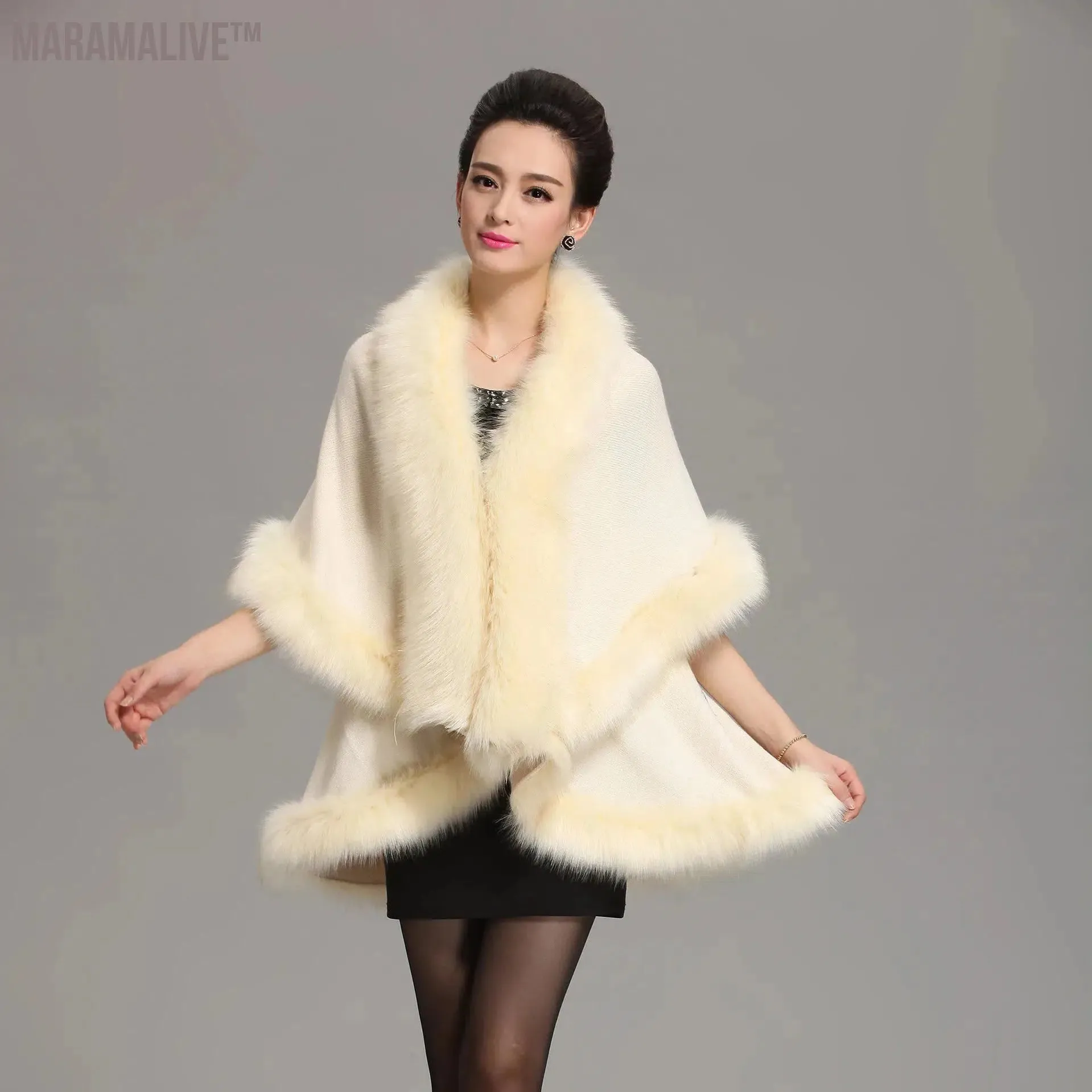 12 Colors Women Faux Fox Fur Collar Oversize Coat Winter Warm Long Knitted 2 Layers Poncho Cape Cashmere Loose Shawl Streetwear