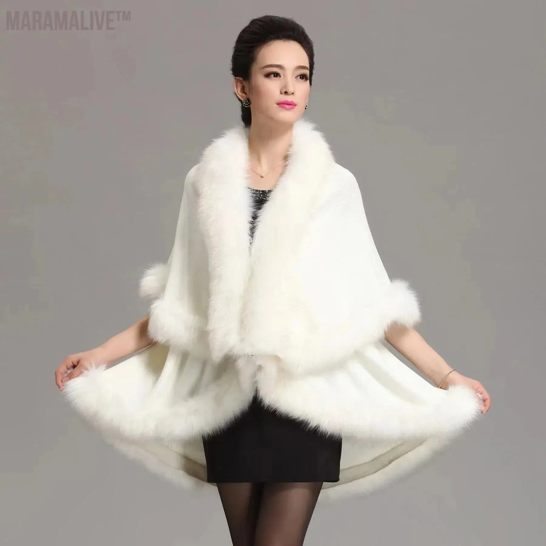 12 Colors Women Faux Fox Fur Collar Oversize Coat Winter Warm Long Knitted 2 Layers Poncho Cape Cashmere Loose Shawl Streetwear