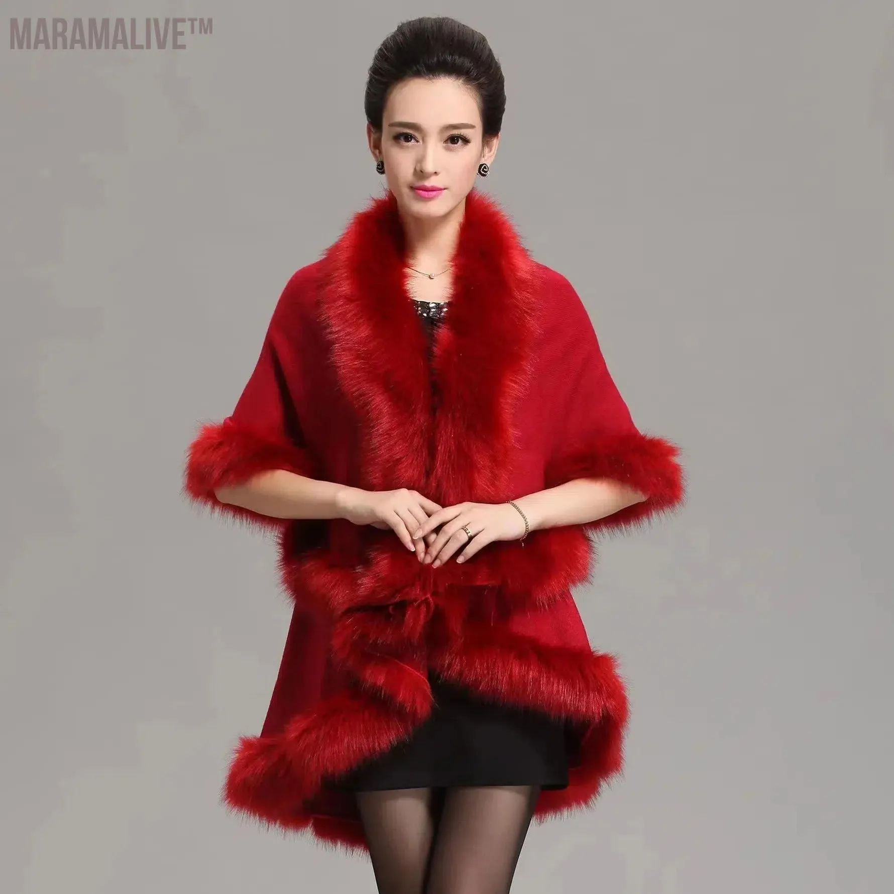 12 Colors Women Faux Fox Fur Collar Oversize Coat Winter Warm Long Knitted 2 Layers Poncho Cape Cashmere Loose Shawl Streetwear