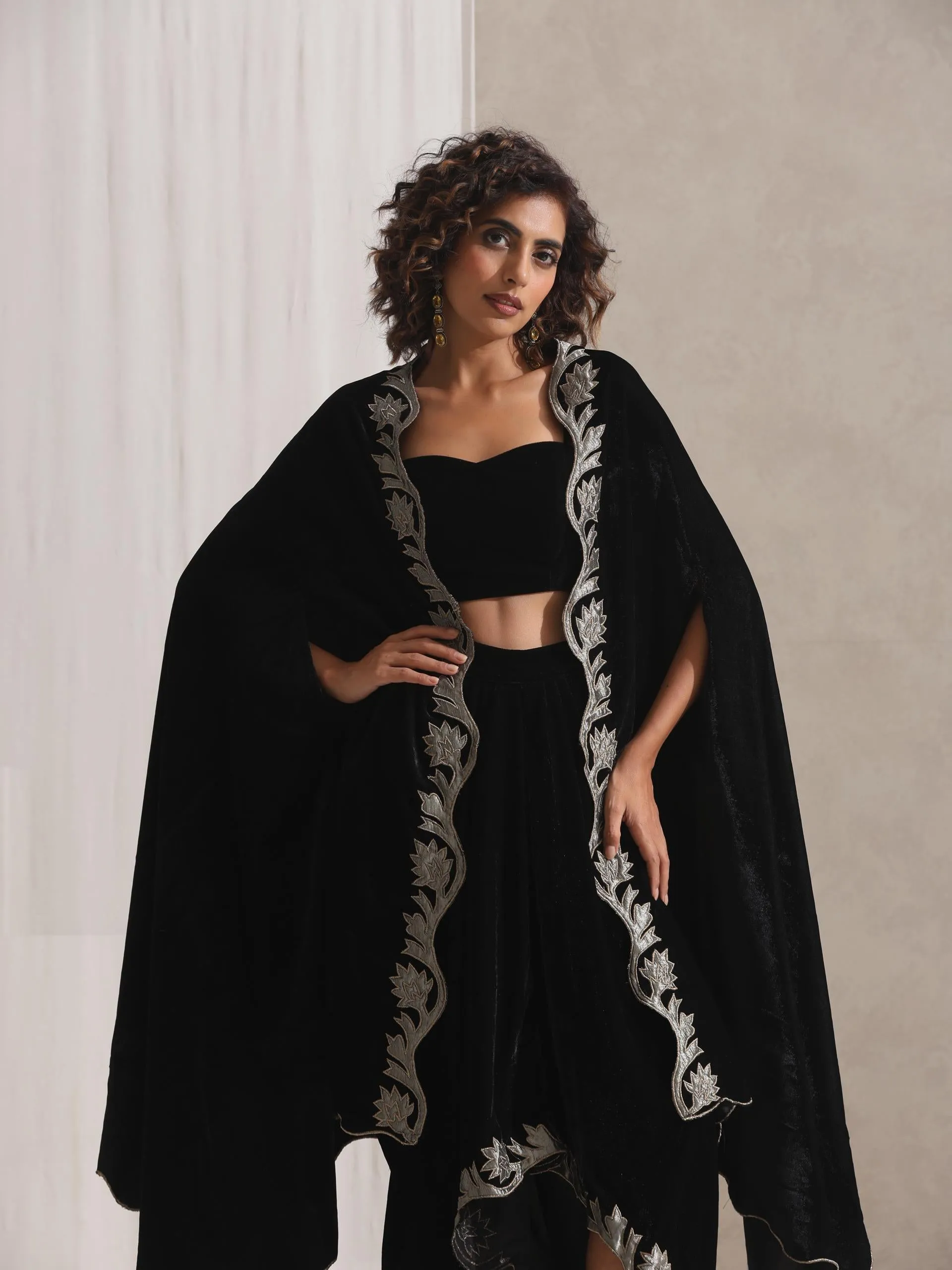 3 pc SET - Juicy Black Velvet Dhoti and Jacket with Embroidery with Blouse