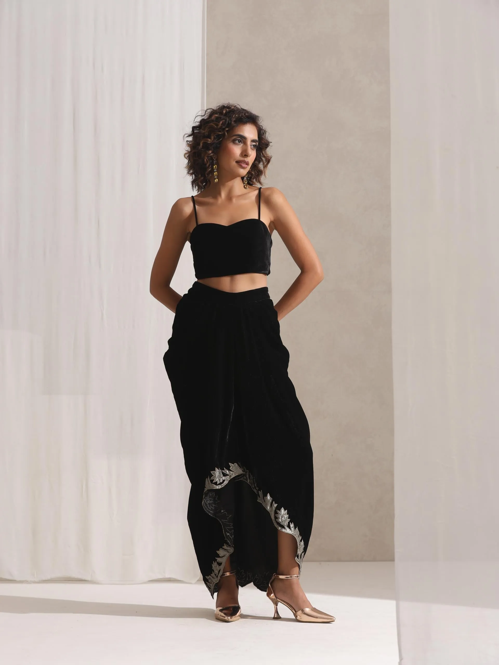 3 pc SET - Juicy Black Velvet Dhoti and Jacket with Embroidery with Blouse