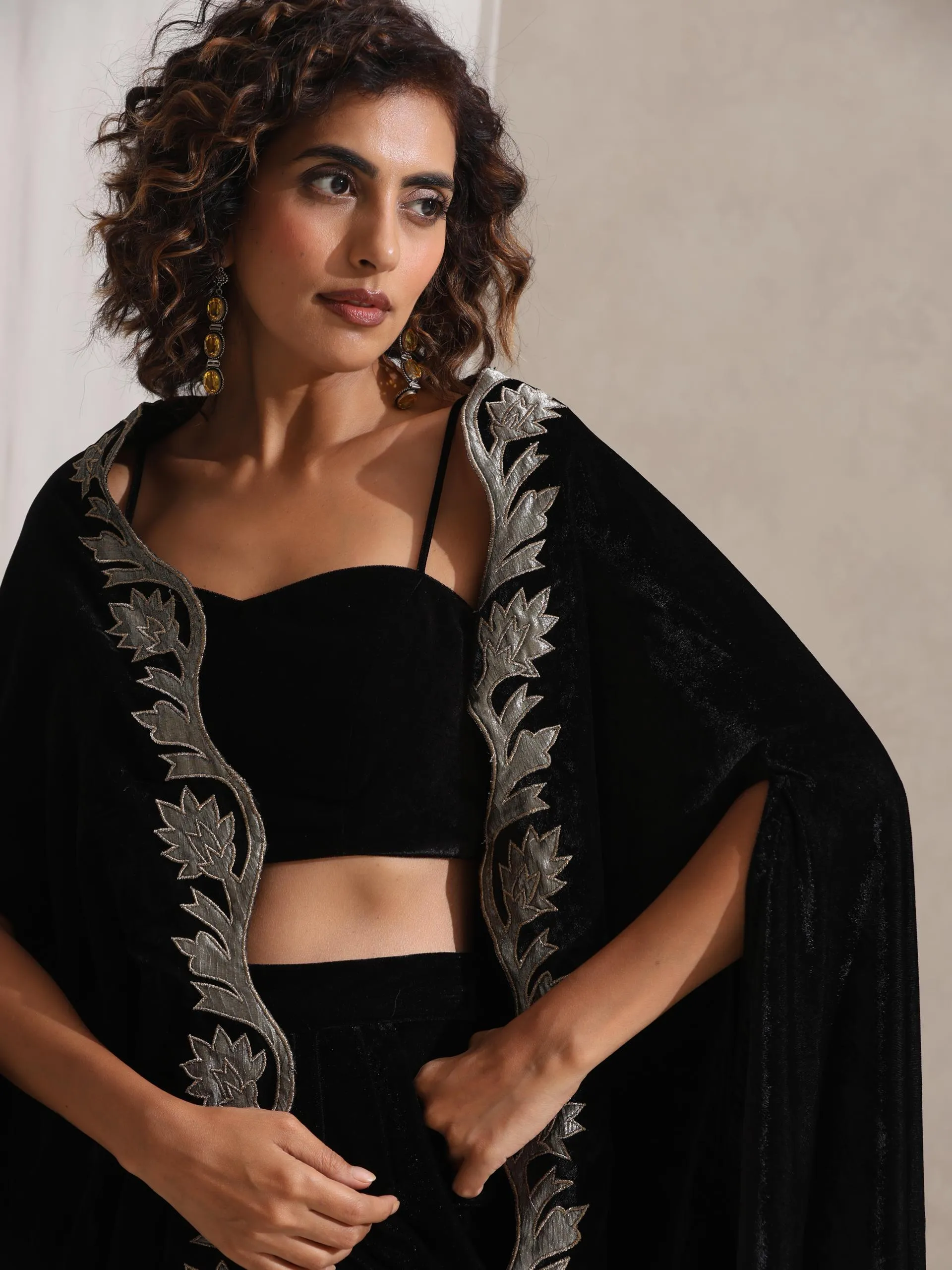 3 pc SET - Juicy Black Velvet Dhoti and Jacket with Embroidery with Blouse