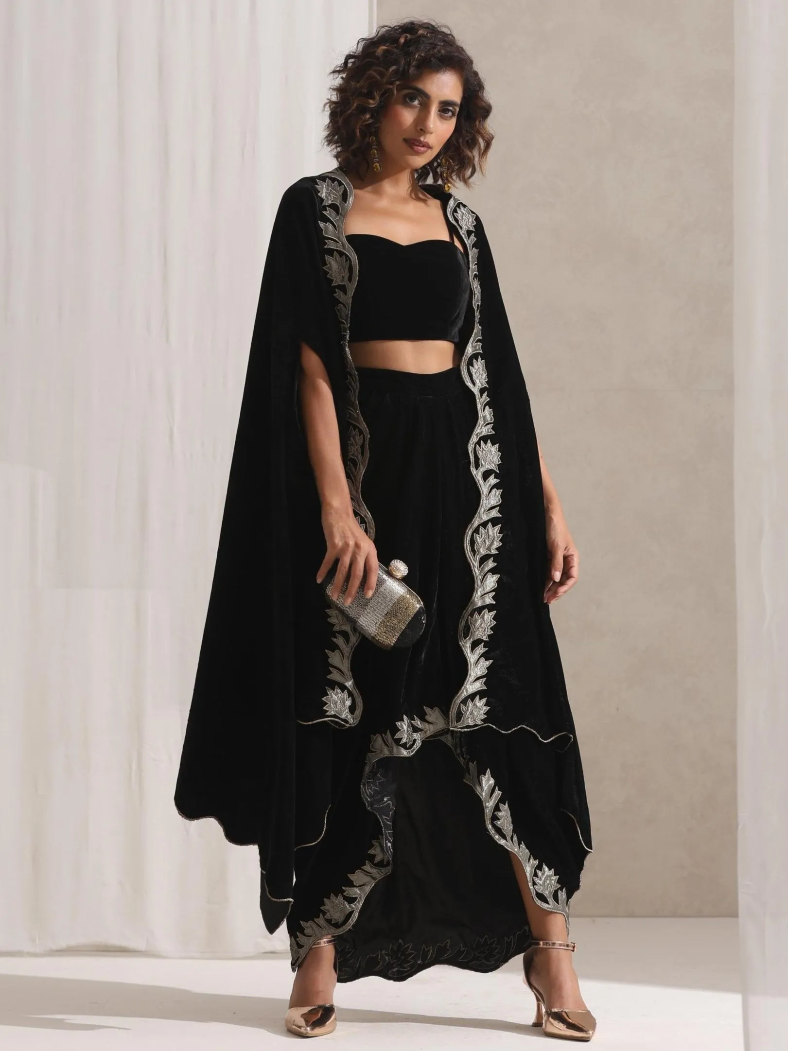 3 pc SET - Juicy Black Velvet Dhoti and Jacket with Embroidery with Blouse