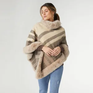 Abby Faux Fur Trim Stripe Poncho Tan