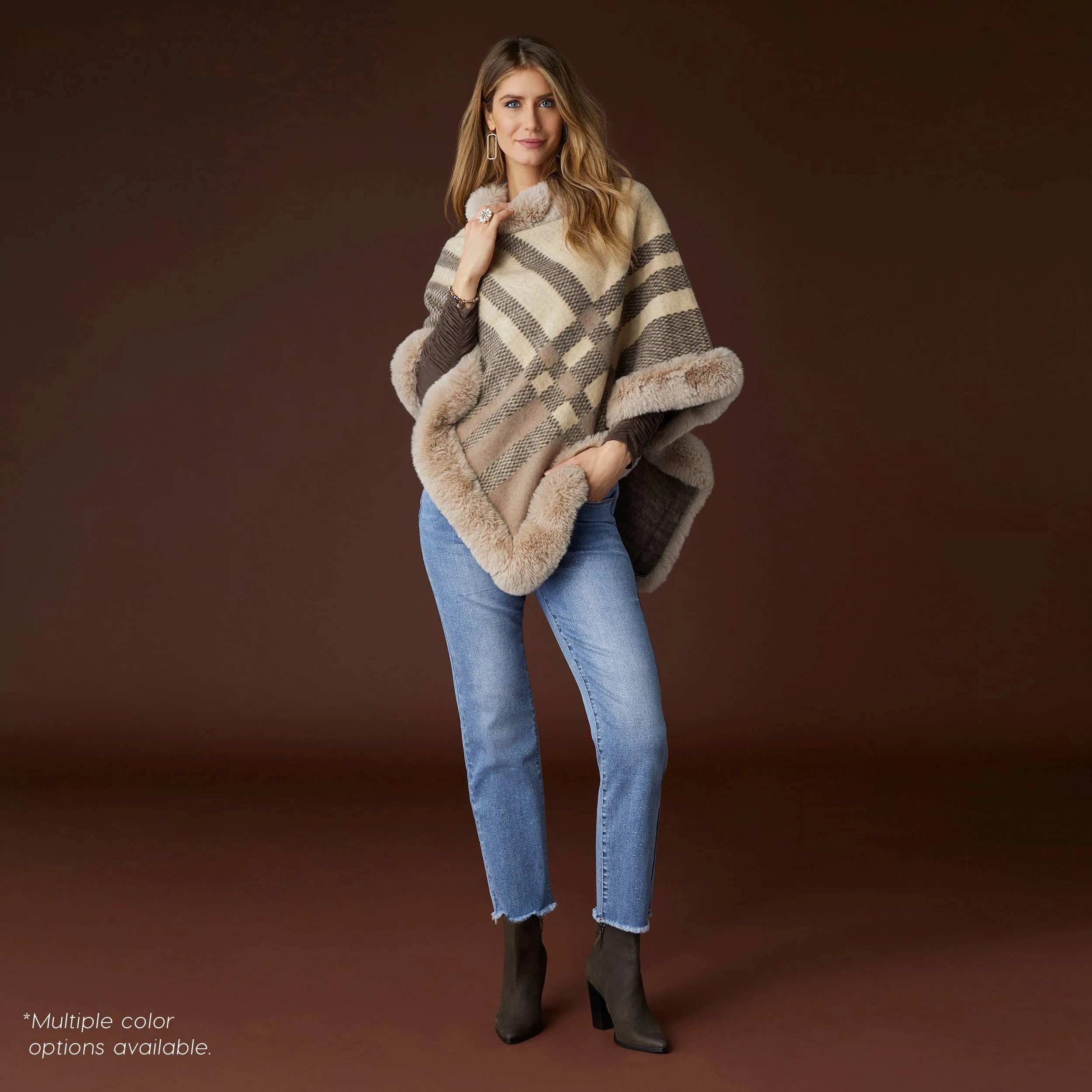 Abby Faux Fur Trim Stripe Poncho Tan