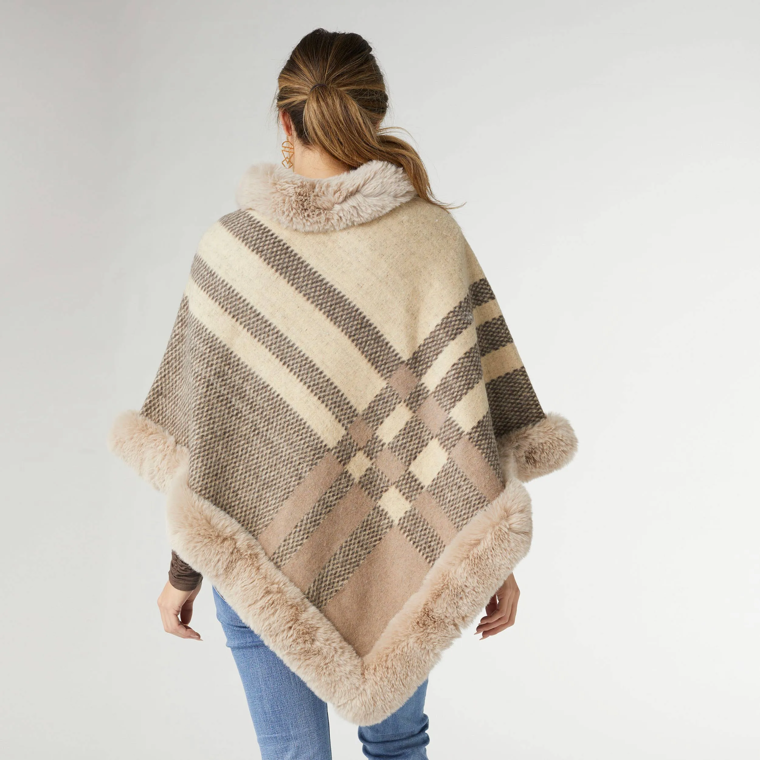 Abby Faux Fur Trim Stripe Poncho Tan