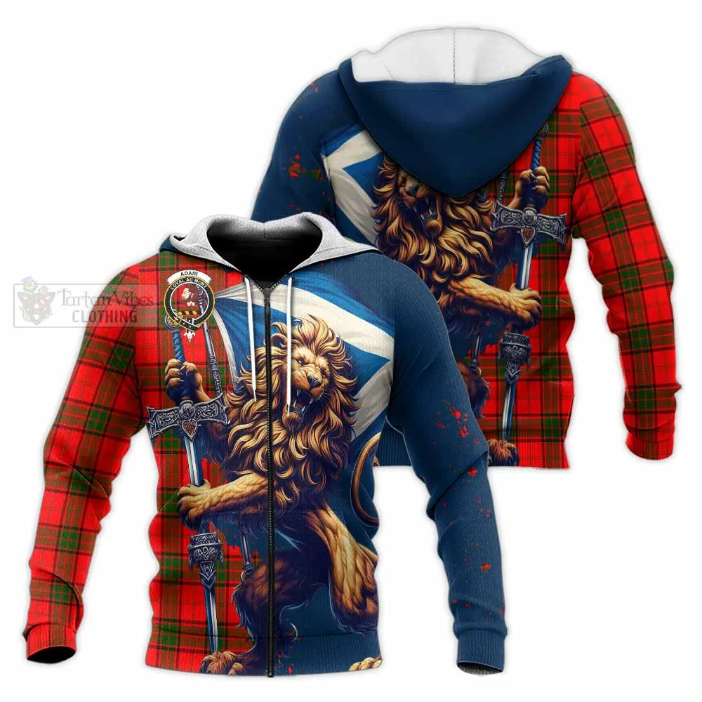 Adair Tartan Family Crest Knitted Hoodie with Scottish Majestic Lion