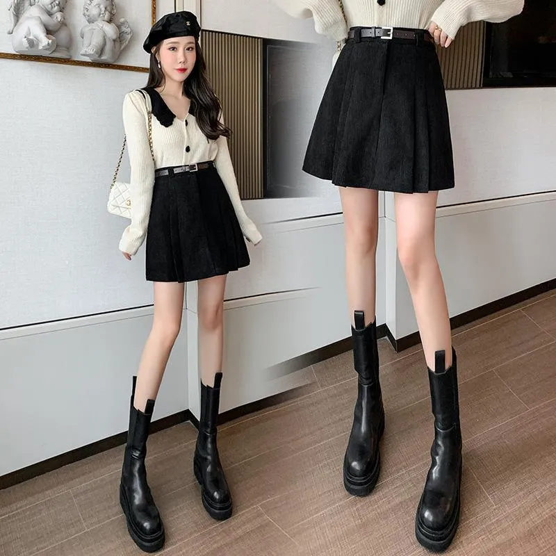 Aiertu business casual outfits a-line Short Skirt Women's Winter Pleated Skirt High Waist Corduroy Woolen Anti-Exposure Shorts