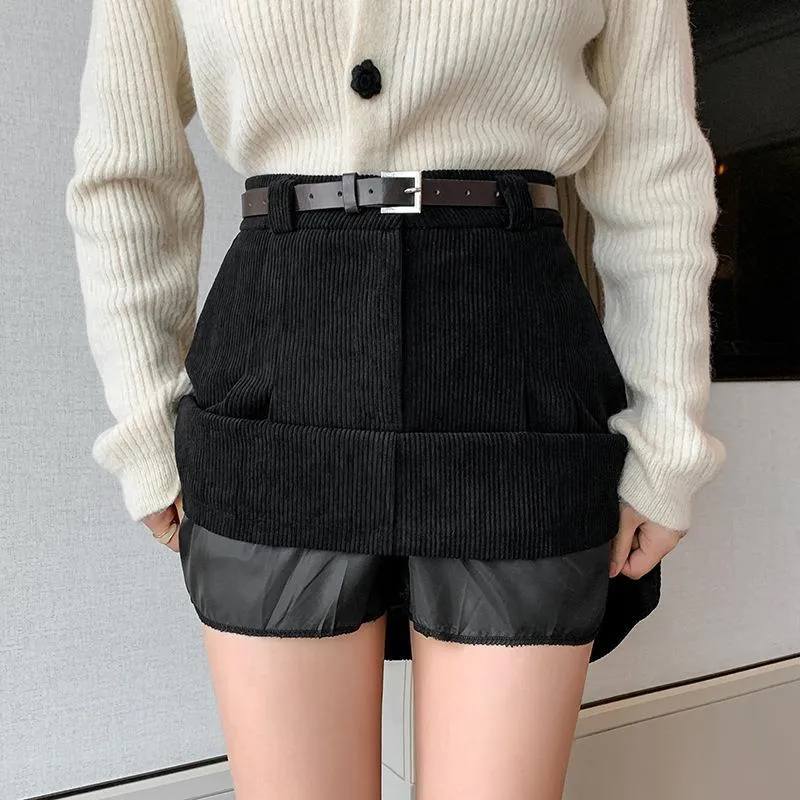 Aiertu business casual outfits a-line Short Skirt Women's Winter Pleated Skirt High Waist Corduroy Woolen Anti-Exposure Shorts