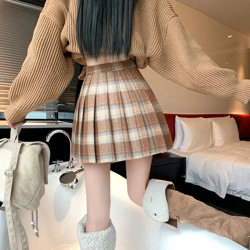 Aiertu Preppy Style Winter Plaid Vintage Pleated Mini Wool Skirt For Women High Waist Thicken Casual School Cute Short Skirt Female