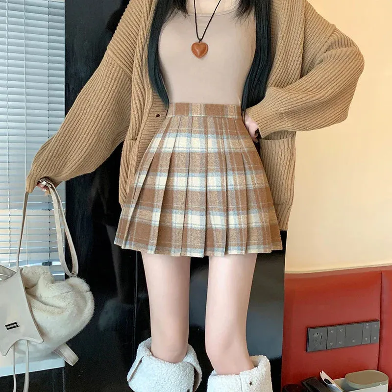 Aiertu Preppy Style Winter Plaid Vintage Pleated Mini Wool Skirt For Women High Waist Thicken Casual School Cute Short Skirt Female