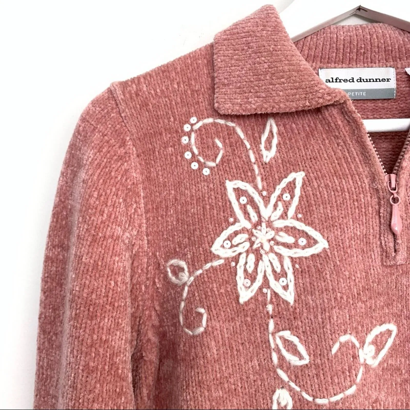 Alfred Dunner Pink Chenille Pullover Sweater Collared Collar Floral SP