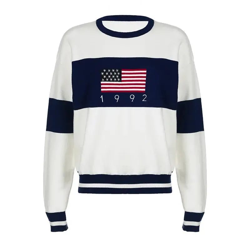 American Preppy Style Round Neck Long Sleeve Woolen fashionable tops