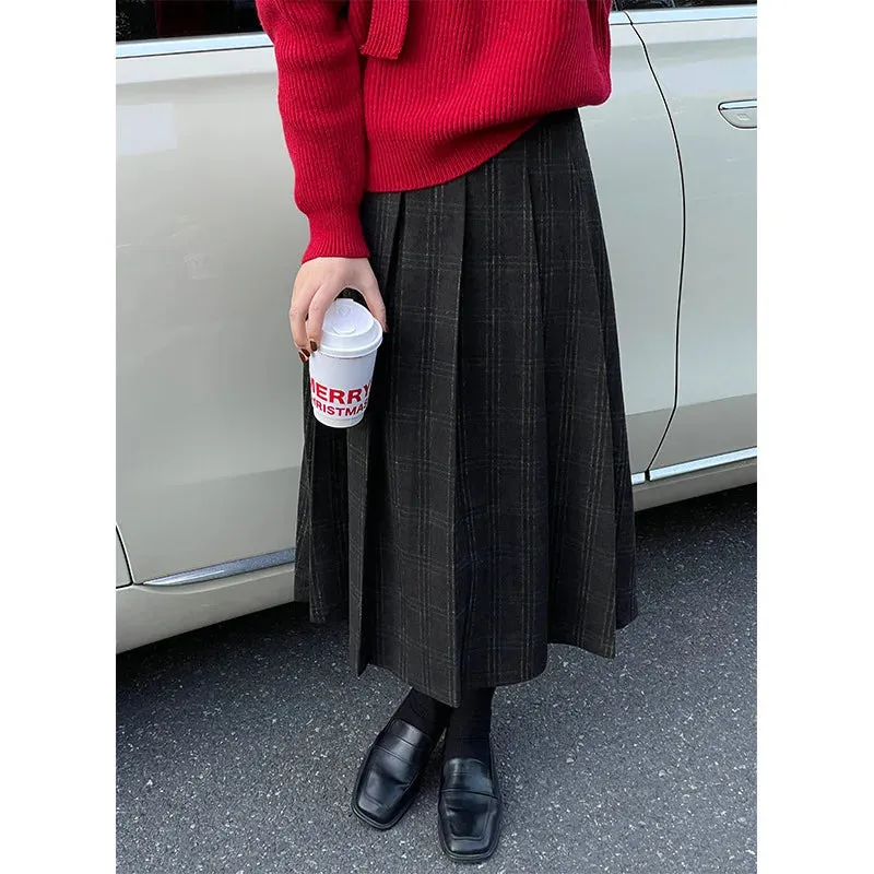 Amozae-Autumn Casual Outfits Amozae-Plaid Pleated Woolen Midi Skirt For Women High Waisted A-line Skirt