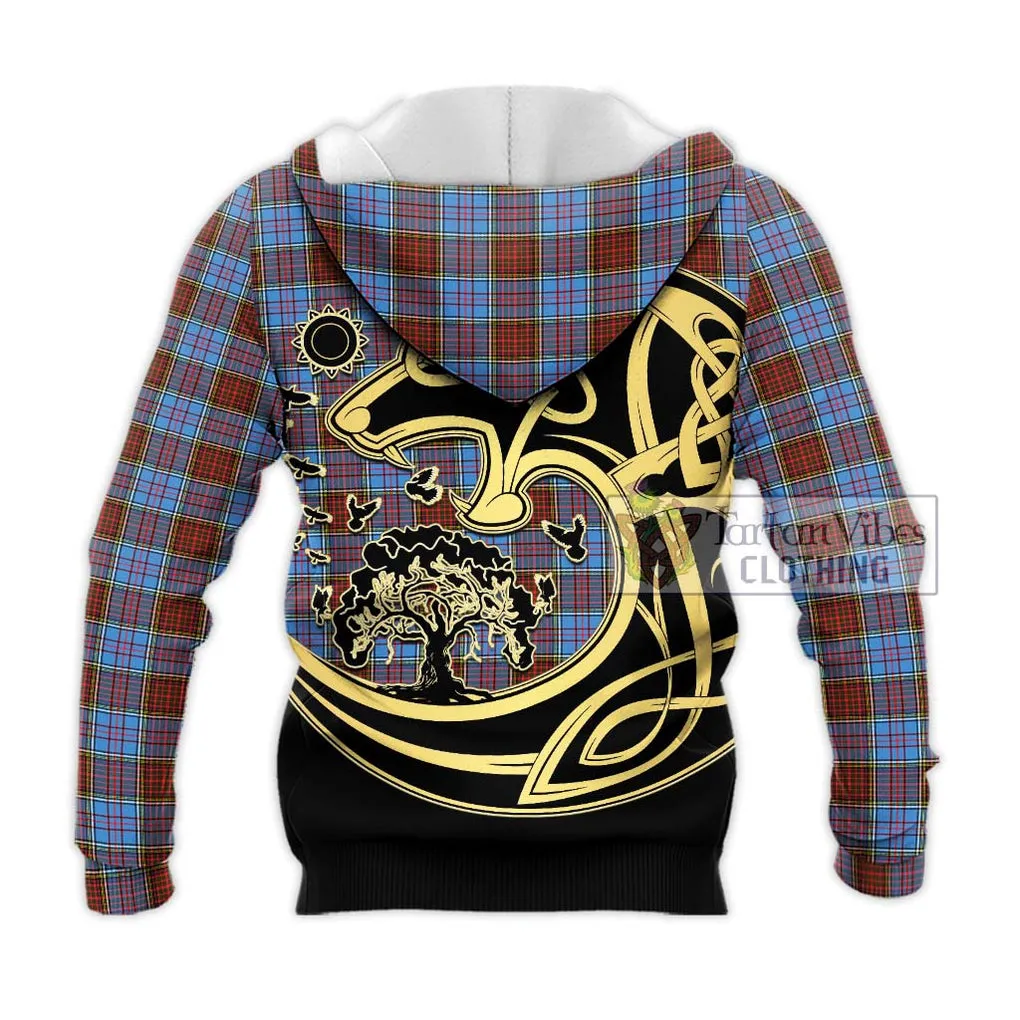 Anderson Modern Tartan Knitted Hoodie with Family Crest Celtic Wolf Style