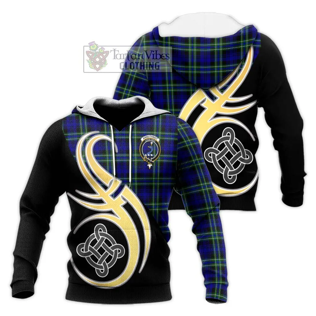 Arbuthnot Modern Tartan Knitted Hoodie with Family Crest and Celtic Symbol Style