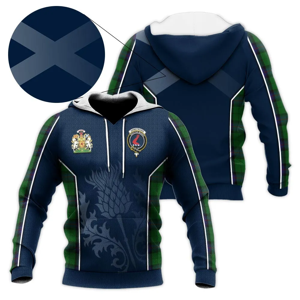 Armstrong Tartan Knitted Hoodie with Family Crest and Scottish Thistle Vibes Sport Style