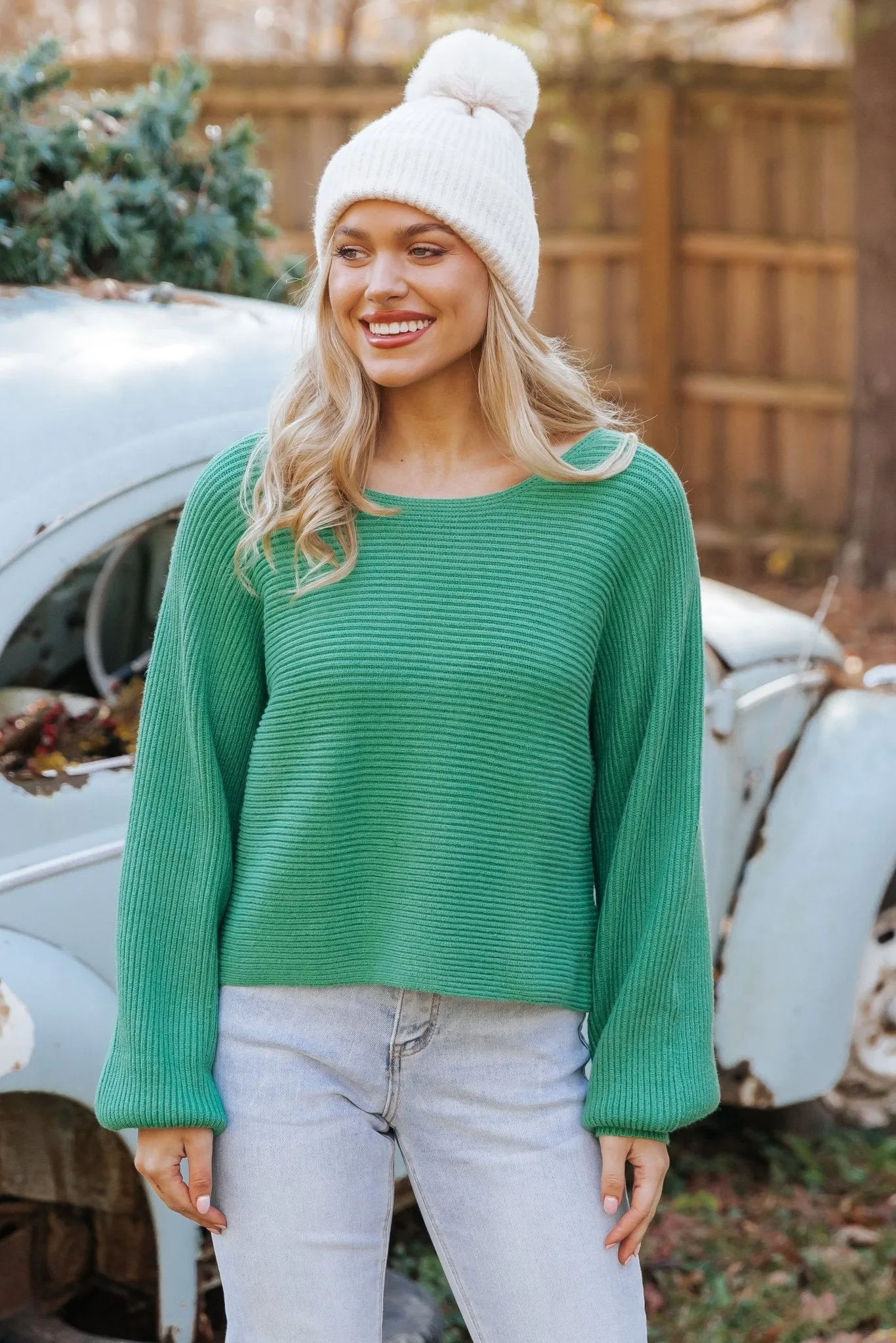 Avery Ribbed Boat Neck Sweater - Green