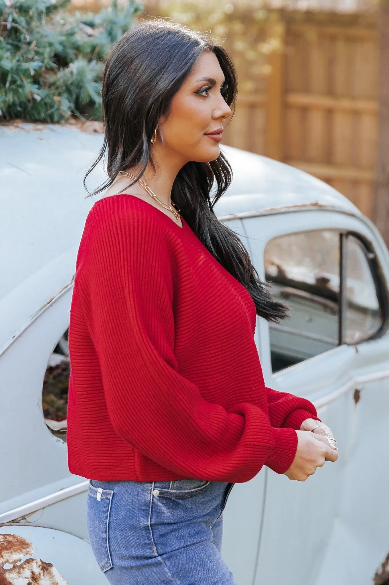 Avery Ribbed Boat Neck Sweater - Red