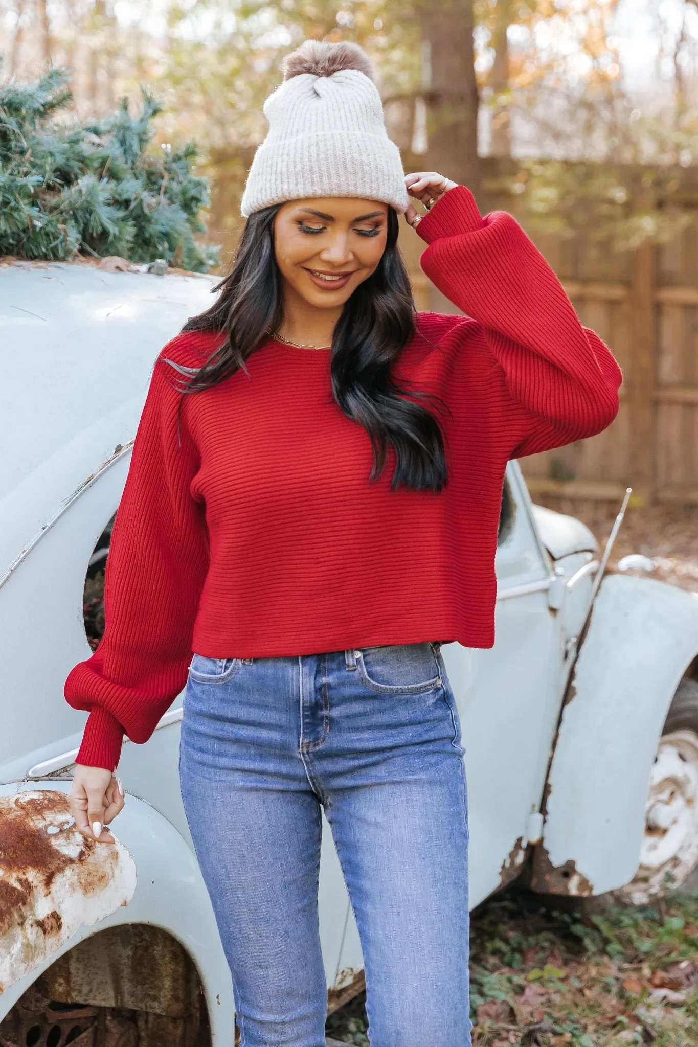 Avery Ribbed Boat Neck Sweater - Red