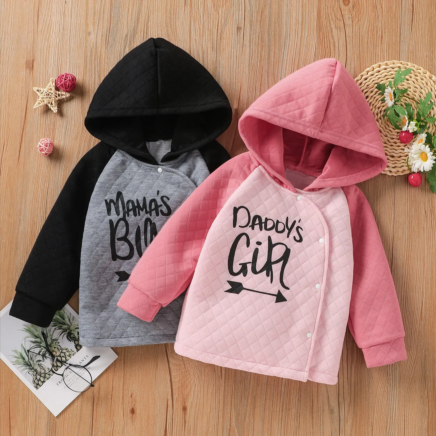 Baby Boy/Girl Letter Print Raglan Long-sleeve Hooded Quilted Top