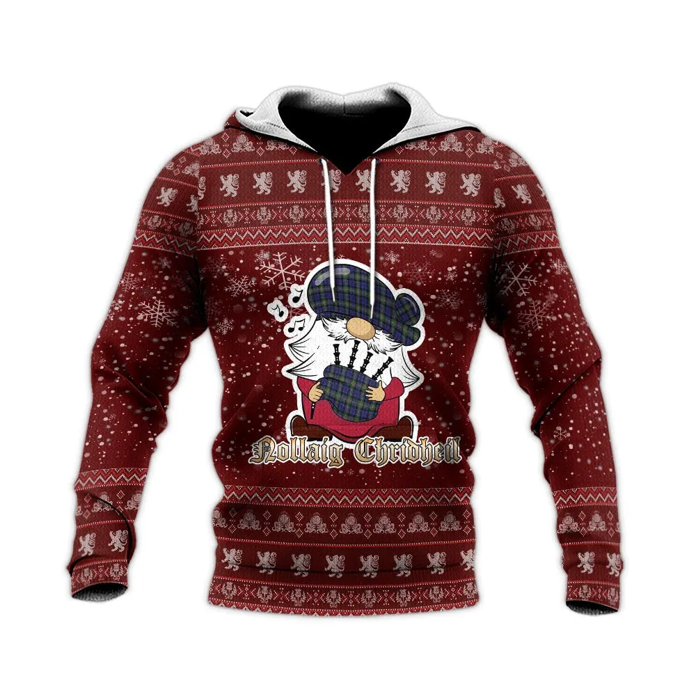 Baird Modern Clan Christmas Knitted Hoodie with Funny Gnome Playing Bagpipes