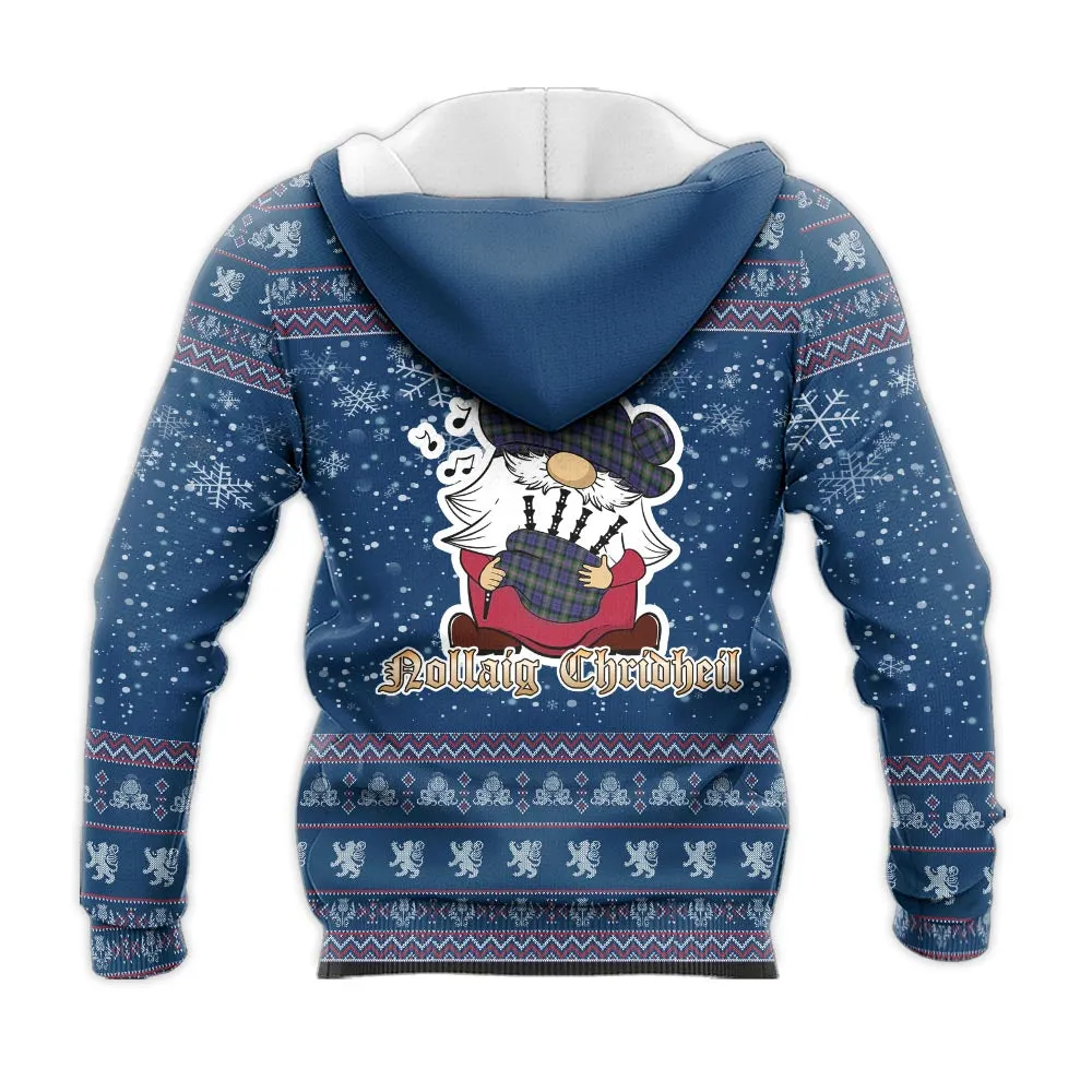 Baird Modern Clan Christmas Knitted Hoodie with Funny Gnome Playing Bagpipes