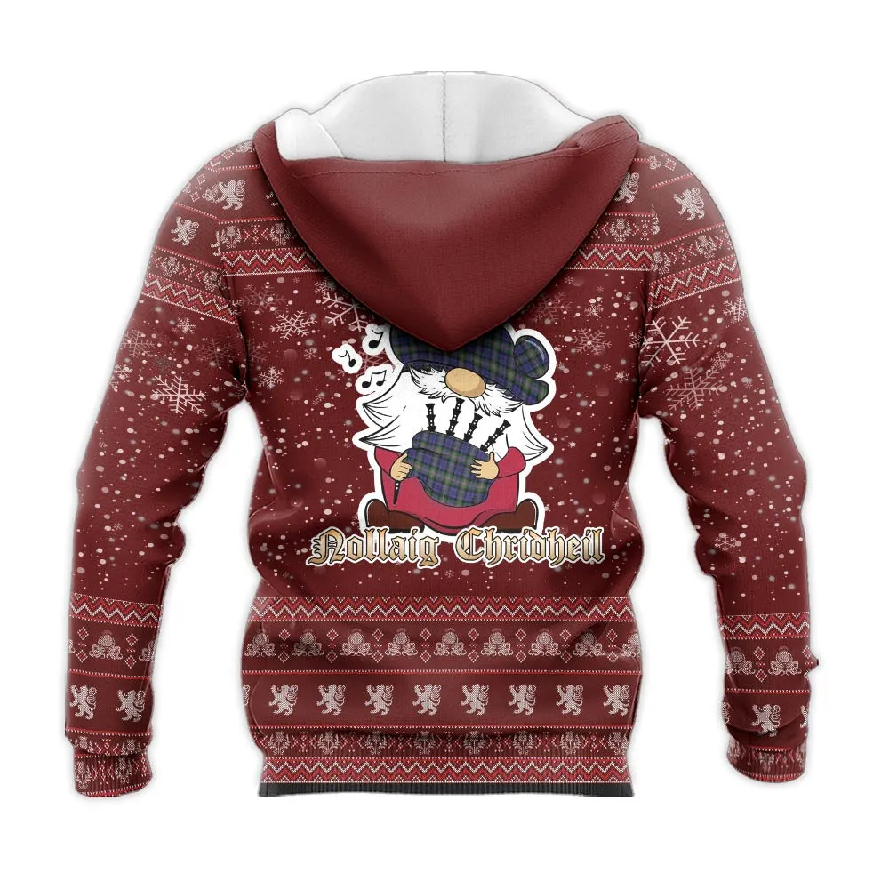 Baird Modern Clan Christmas Knitted Hoodie with Funny Gnome Playing Bagpipes