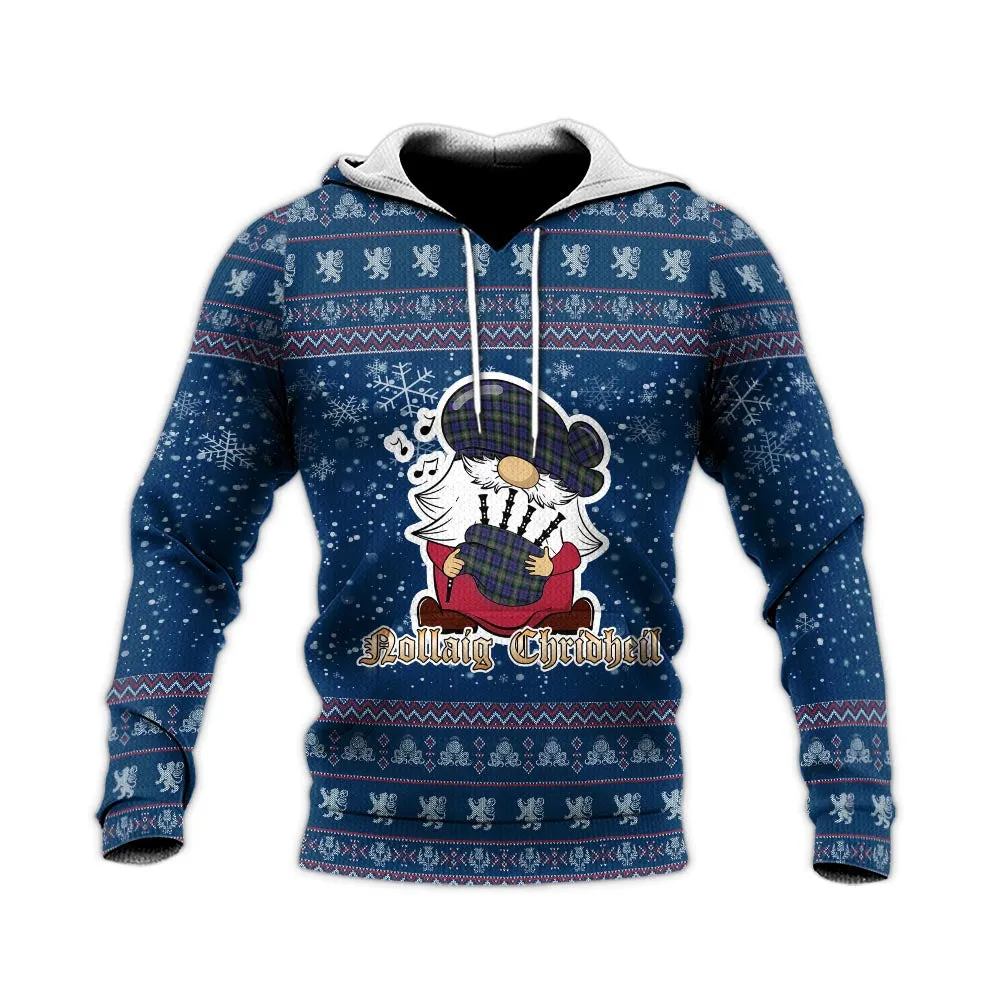 Baird Modern Clan Christmas Knitted Hoodie with Funny Gnome Playing Bagpipes