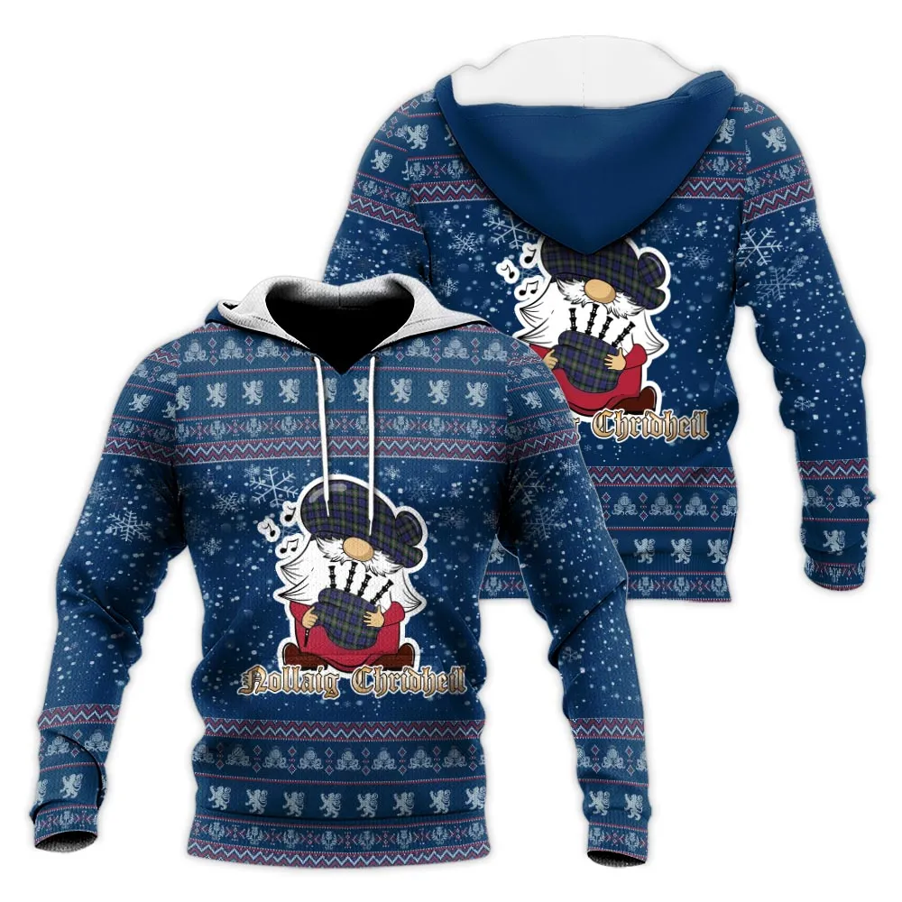 Baird Modern Clan Christmas Knitted Hoodie with Funny Gnome Playing Bagpipes