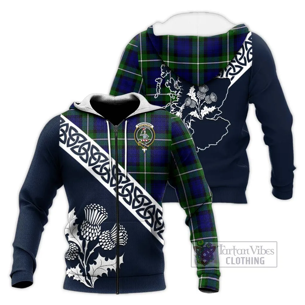 Bannerman Tartan Knitted Hoodie Featuring Thistle and Scotland Map