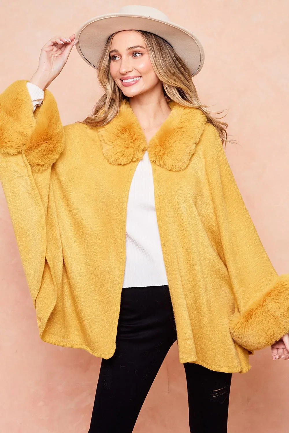 Batwing Sleeve Faux Fur Trimmed Poncho Sweater Cape