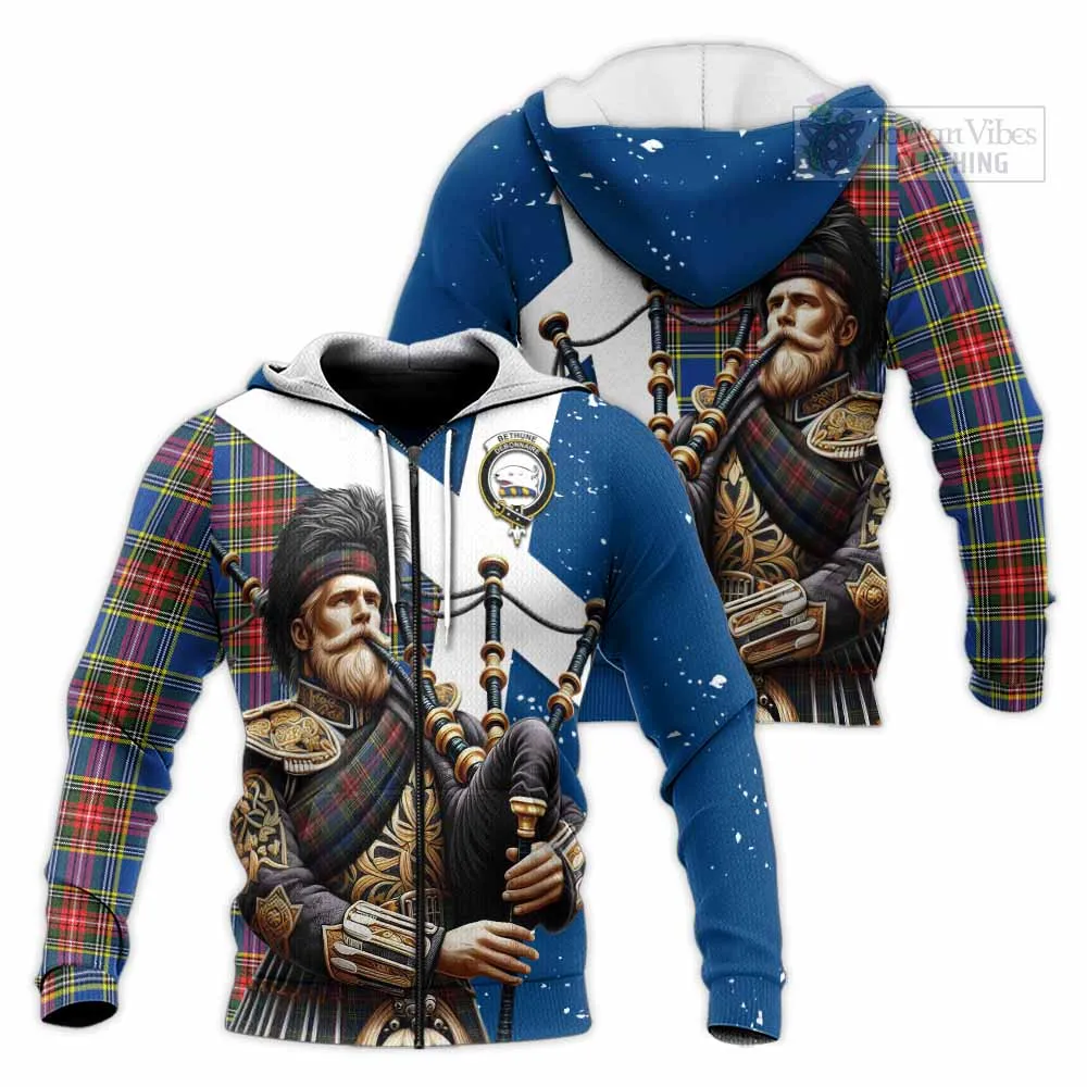 Bethune Tartan Knitted Hoodie with Family Crest Scottish Bagpiper Vibes