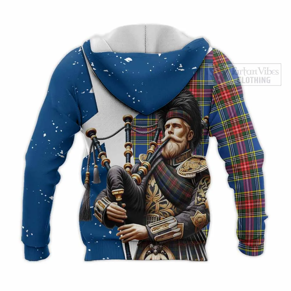 Bethune Tartan Knitted Hoodie with Family Crest Scottish Bagpiper Vibes