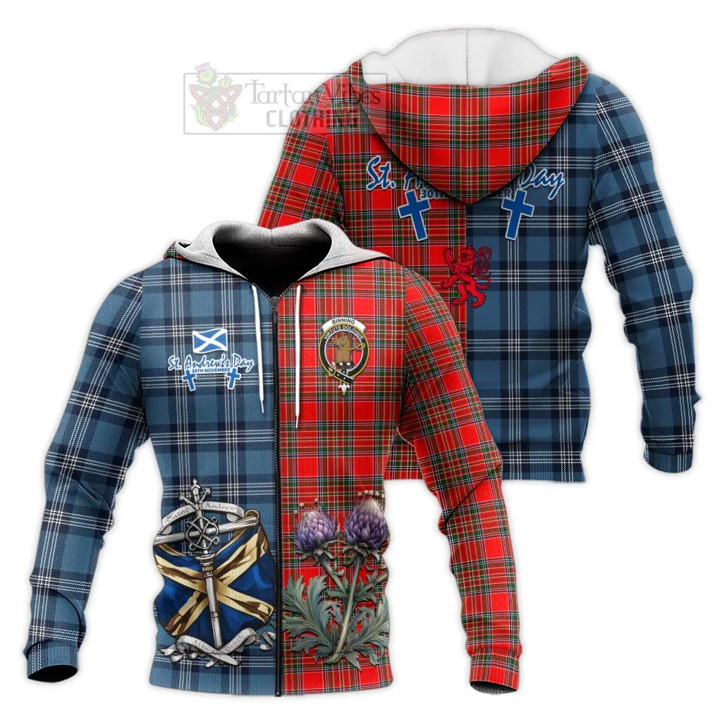 Binning Tartan Knitted Hoodie Happy St. Andrew's Day Half Tartan Style