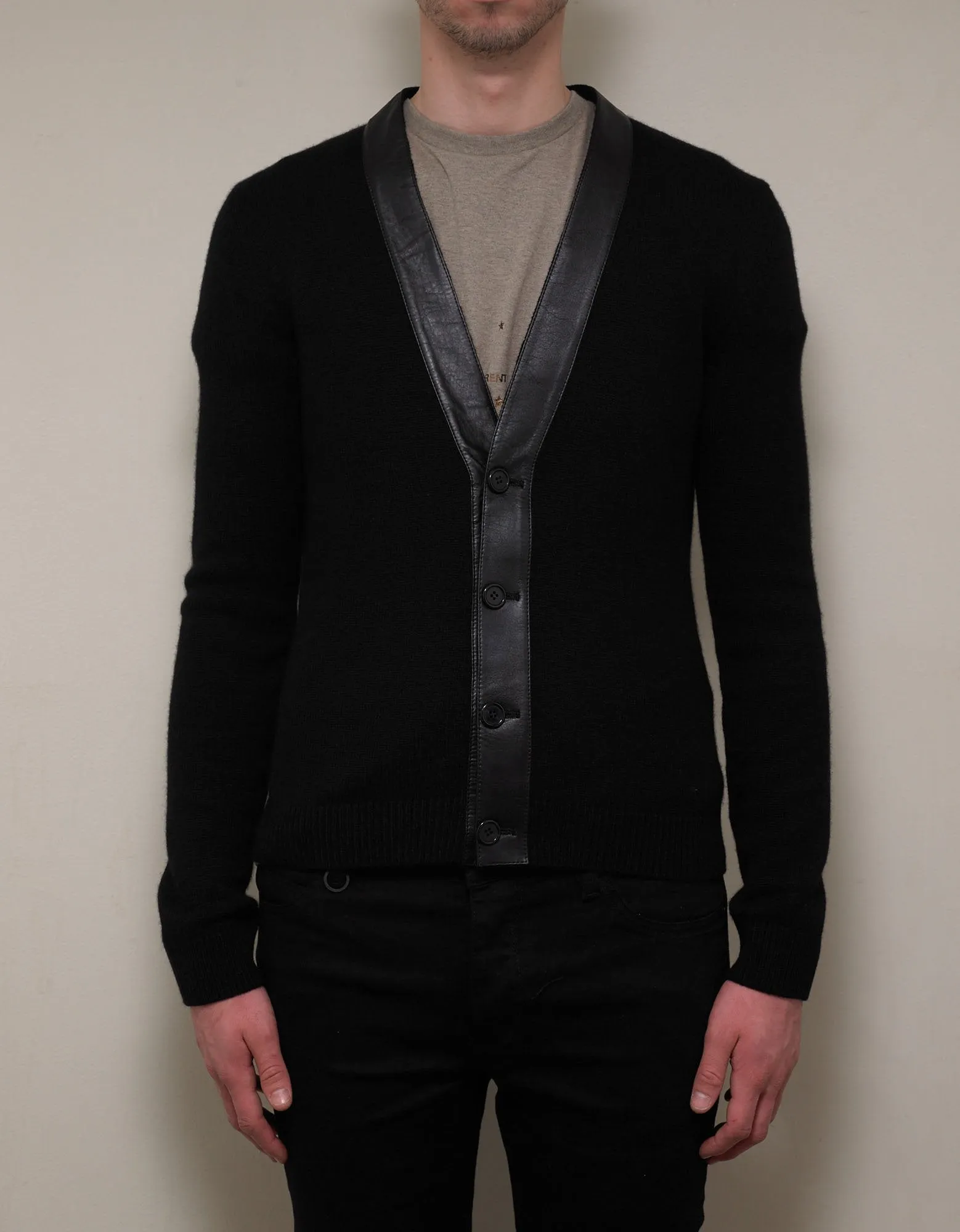 Black Cashmere Cardigan with Leather Trim