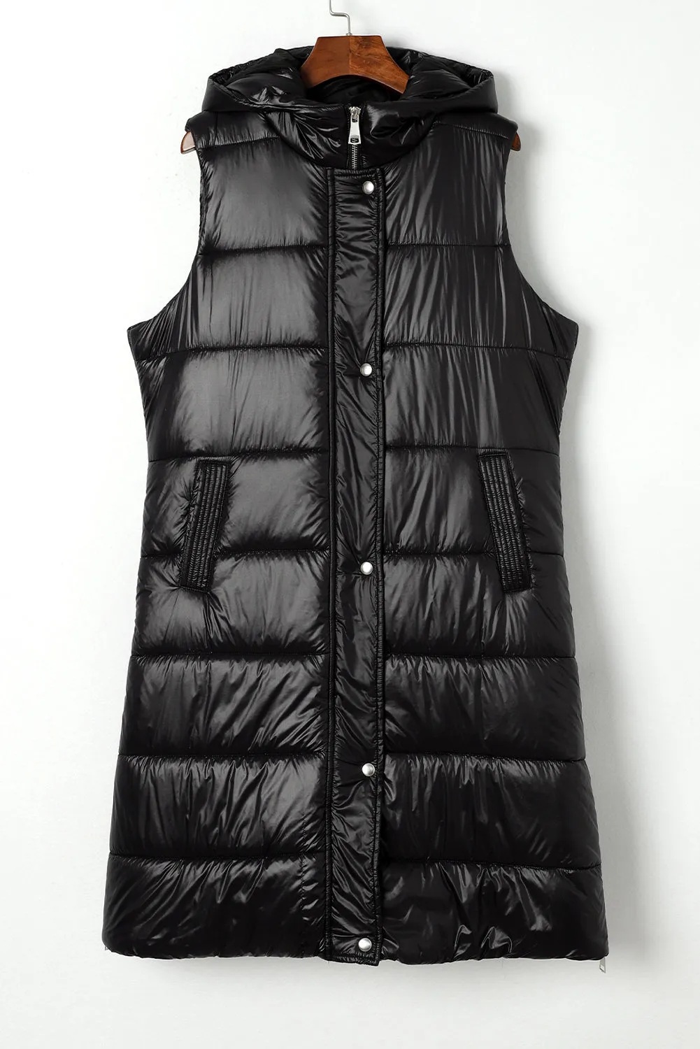 Black Hooded Long Quilted Vest Coat