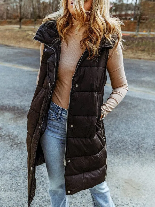 Black Hooded Puffer Vest - Longline