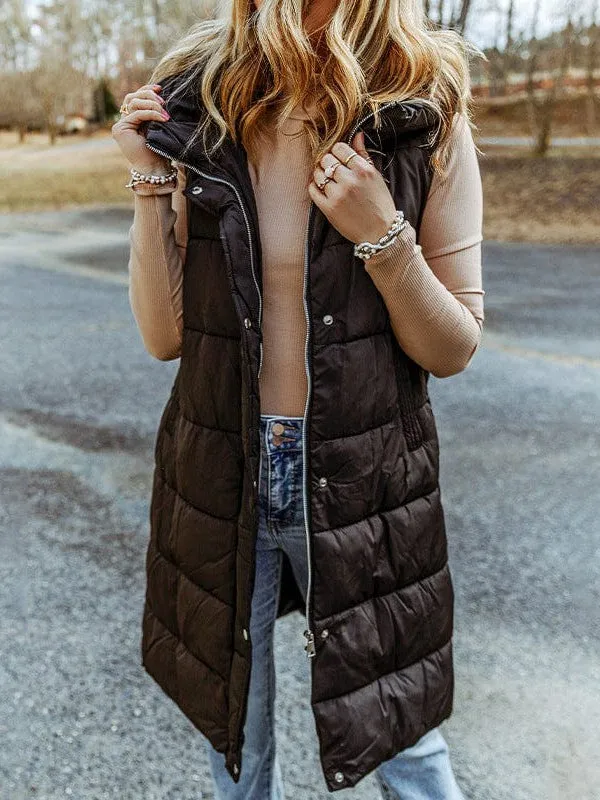 Black Long Hooded Puffer Vest - Women's Winter Wear