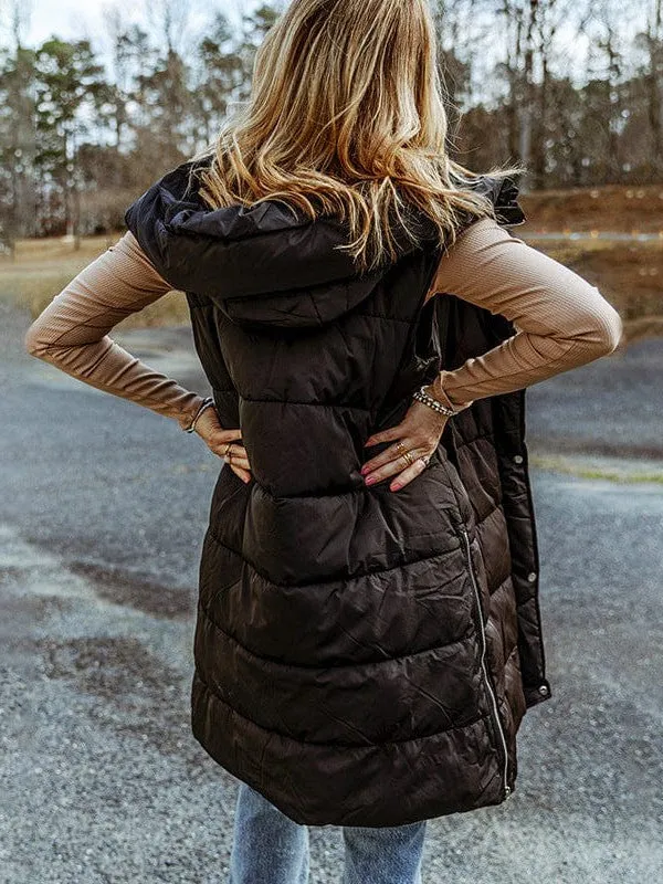 Black Long Hooded Puffer Vest - Women's Winter Wear