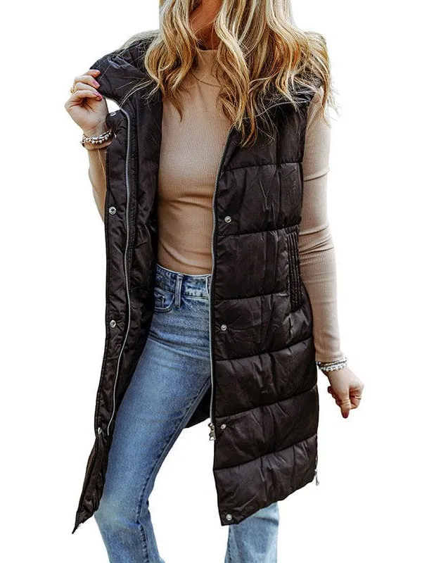 Black Long Hooded Puffer Vest - Women's Winter Wear