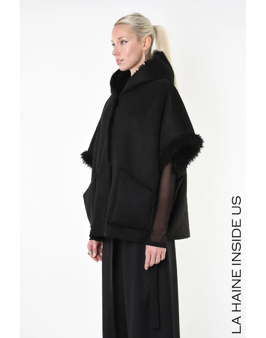 Black Reversible Faux Fur Hooded Poncho Gilet