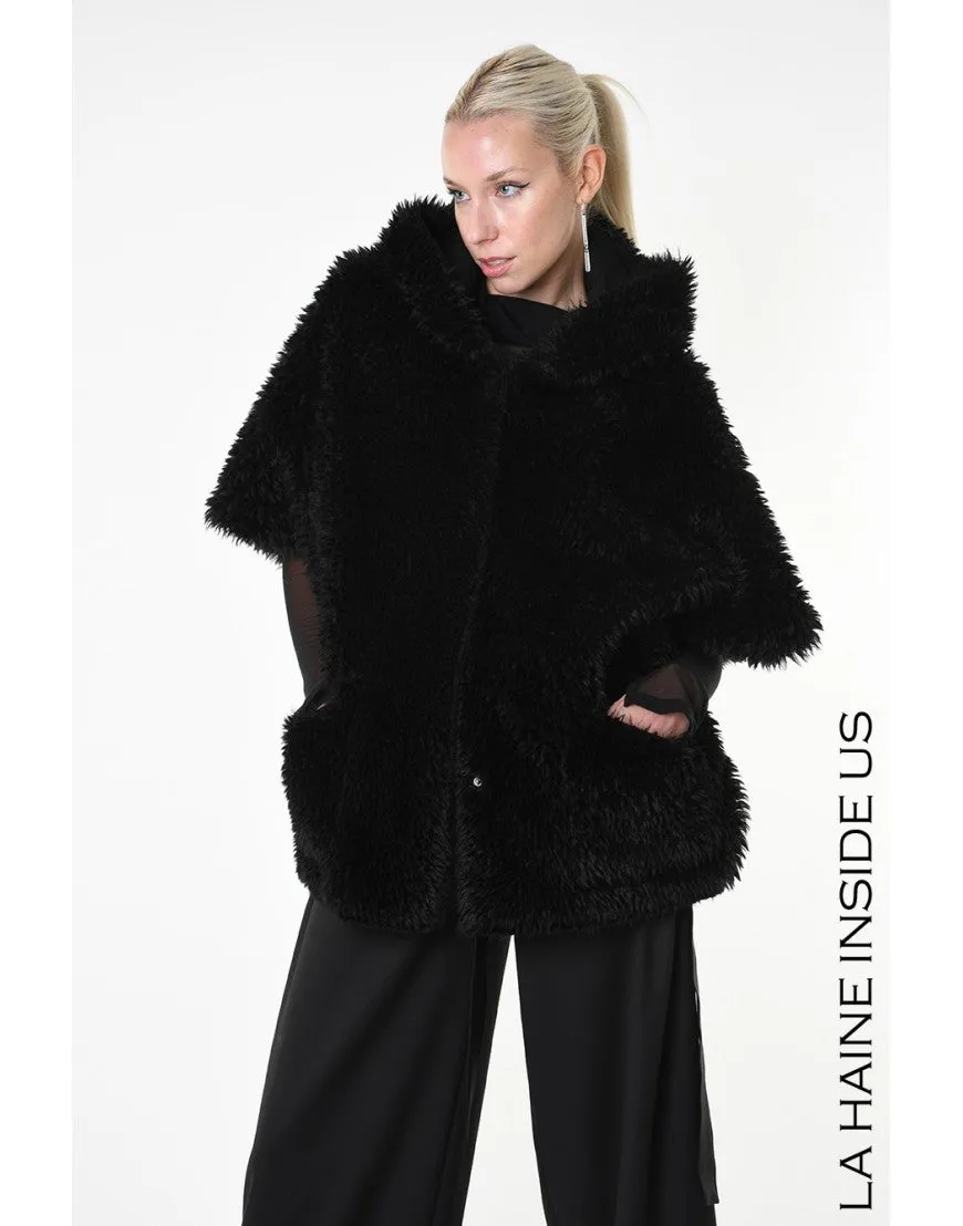 Black Reversible Faux Fur Hooded Poncho Gilet