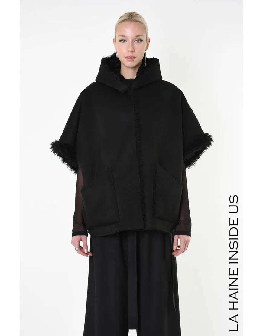 Black Reversible Faux Fur Hooded Poncho Gilet