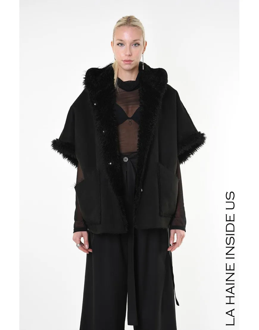 Black Reversible Faux Fur Hooded Poncho Gilet