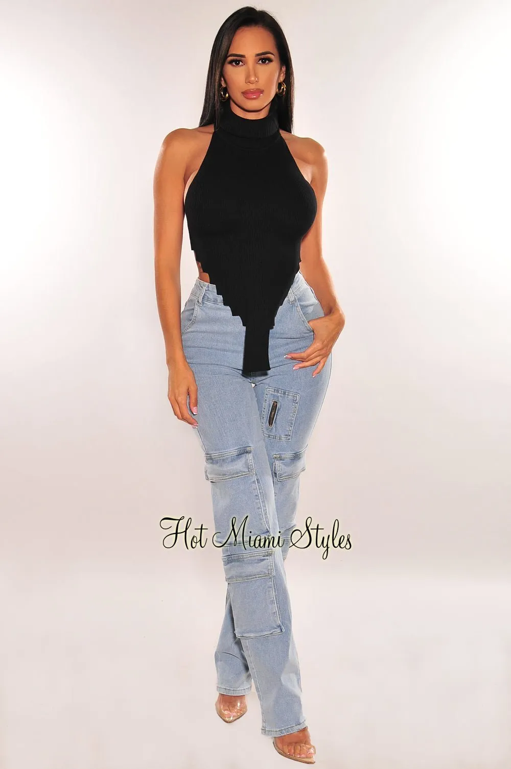 Black Ribbed Knit Turtleneck Sleeveless Asymmetrical Crop Top