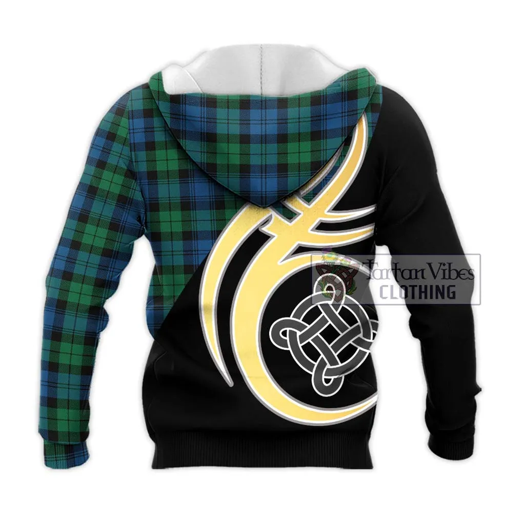 Black Watch Ancient Tartan Knitted Hoodie with Family Crest and Celtic Symbol Style