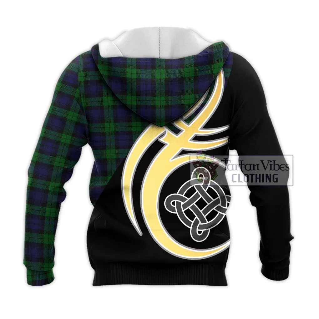 Black Watch Tartan Knitted Hoodie with Family Crest and Celtic Symbol Style